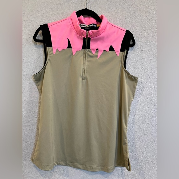 Jamie Sadock Beige paint drip Abstract Print Golf Top Size large Sleeveless - Picture 3 of 8
